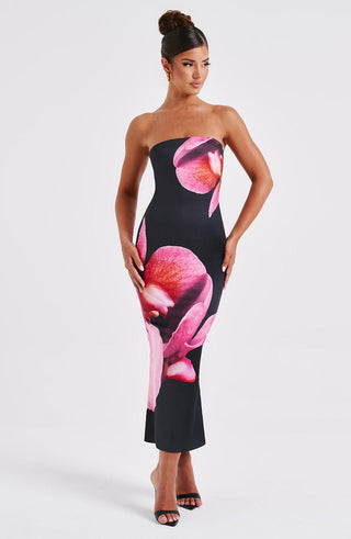 Allegra Midi Dress - Black Floral Print - glavon