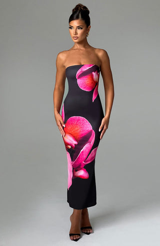 Allegra Midi Dress - Black Floral Print - glavon