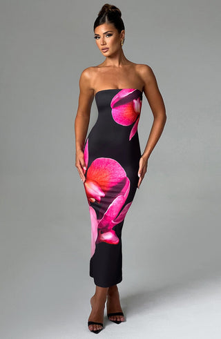 Allegra Midi Dress - Black Floral Print - glavon