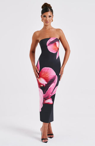Allegra Midi Dress - Black Floral Print - glavon