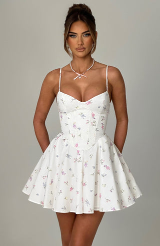 Analeigh Mini Dress - White Multi Floral Print - glavon