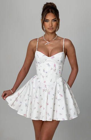 Analeigh Mini Dress - White Multi Floral Print - glavon