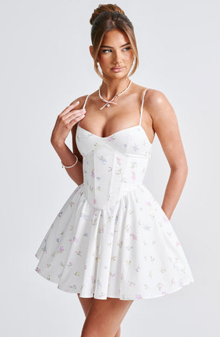Analeigh Mini Dress - White Multi Floral Print - glavon