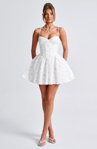Analeigh Mini Dress - White Multi Floral Print - glavon