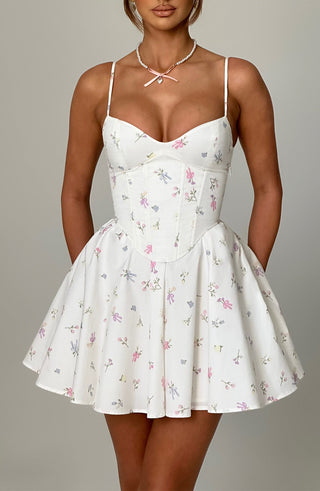 Analeigh Mini Dress - White Multi Floral Print - glavon