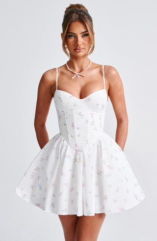 Analeigh Mini Dress - White Multi Floral Print - glavon