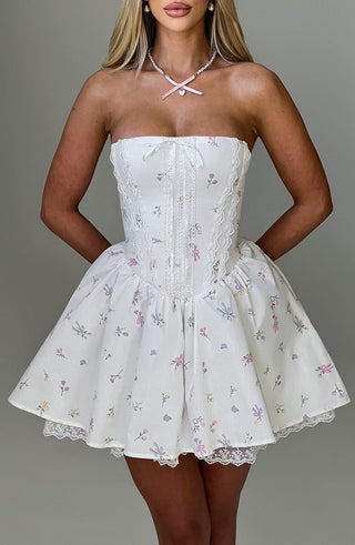 Evie Mini Dress - White Multi Floral Print - glavon