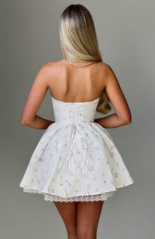 Evie Mini Dress - White Multi Floral Print - glavon