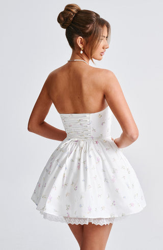 Evie Mini Dress - White Multi Floral Print - glavon