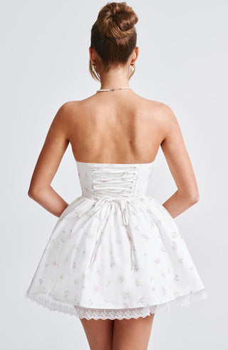 Evie Mini Dress - White Multi Floral Print - glavon