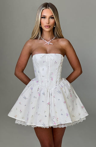 Evie Mini Dress - White Multi Floral Print - glavon