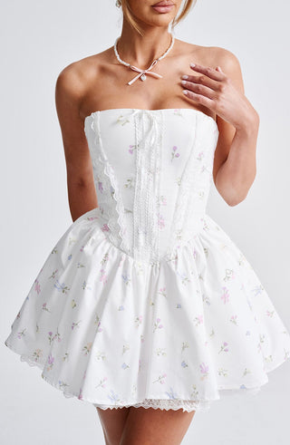 Evie Mini Dress - White Multi Floral Print - glavon