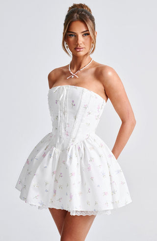 Evie Mini Dress - White Multi Floral Print - glavon