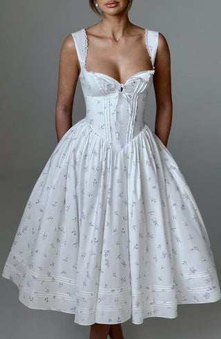 Marlena Midi Dress - White Multi Floral Print - glavon