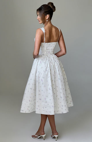 Marlena Midi Dress - White Multi Floral Print - glavon