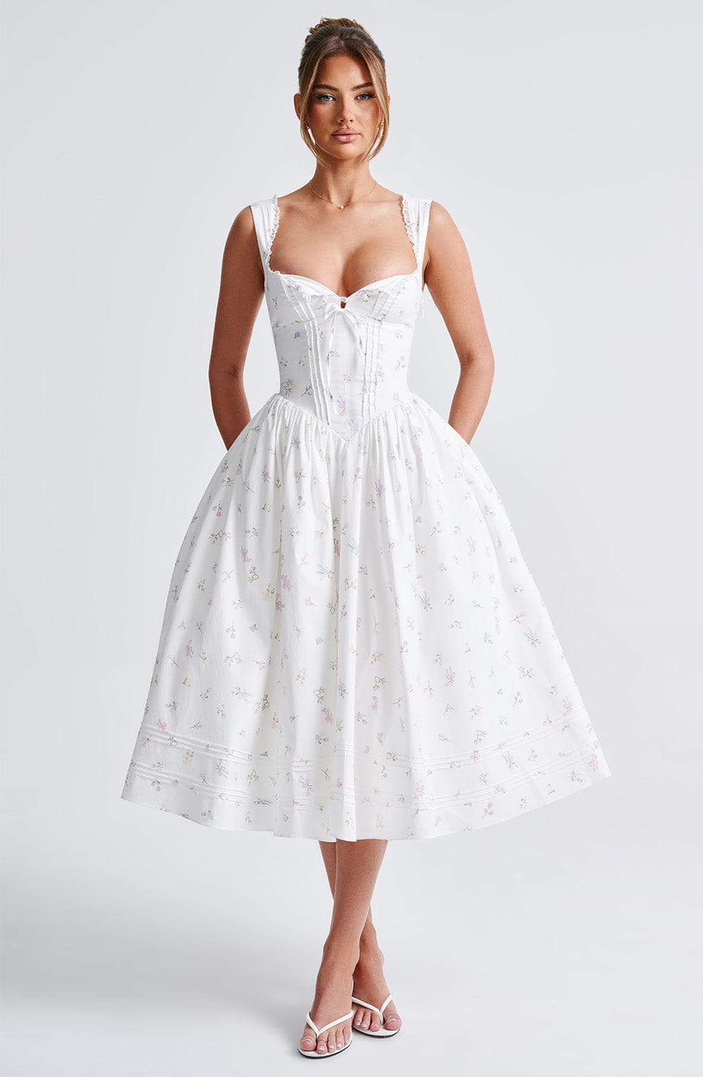 Marlena Midi Dress - White Multi Floral Print - Napalia